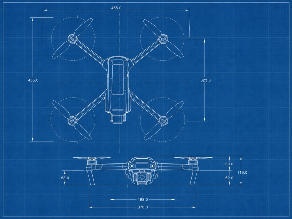 /blueprint — Plano técnico azul con líneas, cotas y anotaciones