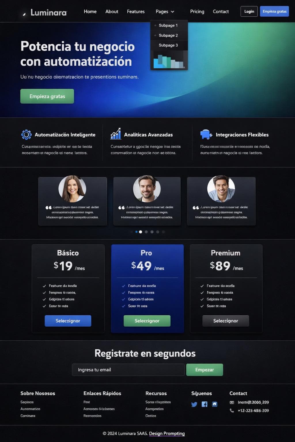 Luminara SaaS — vista previa del theme